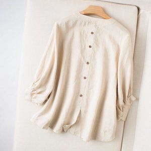C212 Women Top Cotton/Linen Blouse 1/2 Short Sleeves Clothing Round-neck Tee